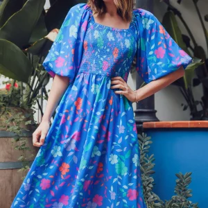 X Raquel Midi Shirred Dress - Blue, Rainbow Floral Vine