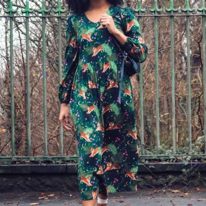 Sidney Midi Smock Dress - Dark Green, Tigers & Palms D1169