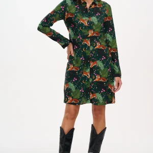 Henrietta Mini Shirt Dress - Dark Green, Tigers & Palms D1170